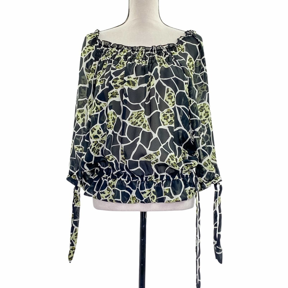 PIANO Giraffe & Leopard Print 3/4 Tie Sleeve & Waist Peasant Blouse